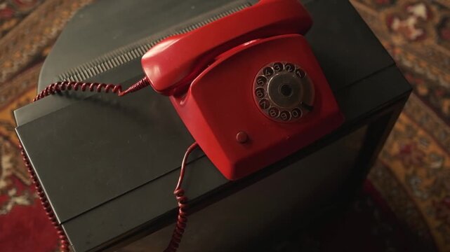 A red rotary telephone rests on an old black television against a patterned carpet. Retro still life.