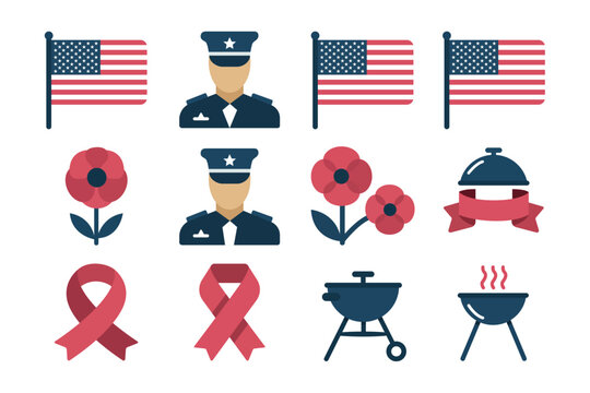 Memorial Day Icons Collection. Memorial Day symbols. USA patriotic icon set with American flags, soldiers, poppy flowers, awareness ribbons and BBQ grill. Flat vector collection for Memorial Day