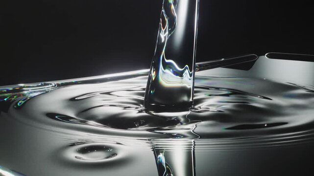 Clear liquid pouring into a pool with iridescent rainbow reflections on a dark background. Slow motion ripple effect of pure water or serum with chromatic aberration in studio lighting.
