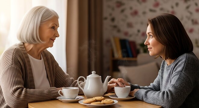 A young woman and an elderly woman sitting at a table having tea