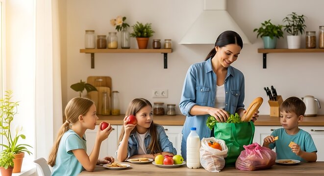 A woman and her three children eating and unpacking groceries in a kitchen