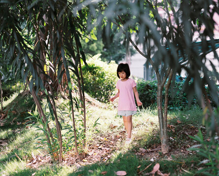 Chinese girls playing in a summer grove
