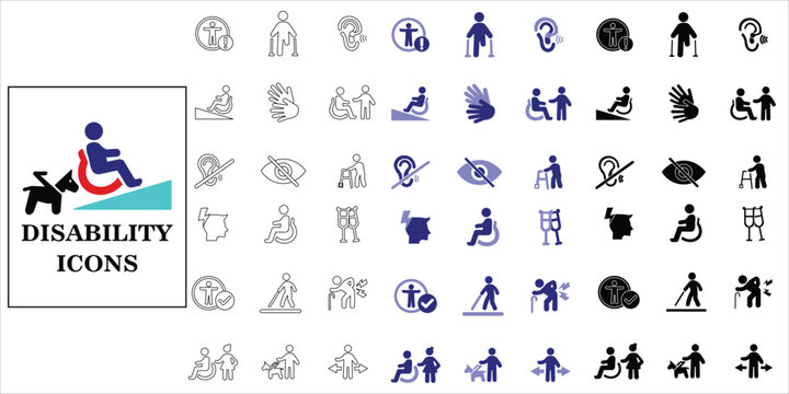 disability icons set. disabled, wheelchair, crutches, blindness, deaffness, amputee and more. simple complete vector illustration