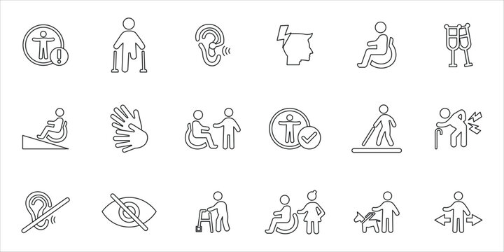 disability icons set. ramp, blind, disabled, wheelchair, crutches, blindness, walker, amputee and more. simple line vector illustration