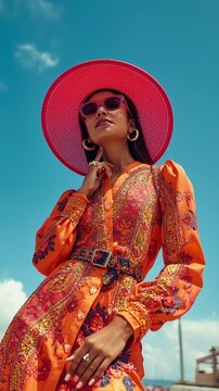 Confident woman in vibrant orange embroidered dress, wide pink sun hat and pink sunglasses against blue sky. Bold summer 2026 fashion and lifestyle portrait concept.