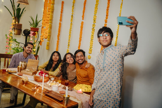 Group of Friends Taking Selfie During Diwali Festive Gathering at Home