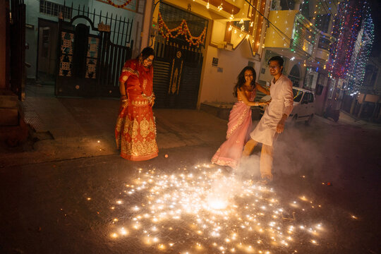 Diwali Festival fireworks and Traditional Clothing