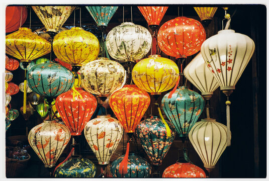 Glowing Silk lanters at night. Travel Hoi An, Vietnam. Film
