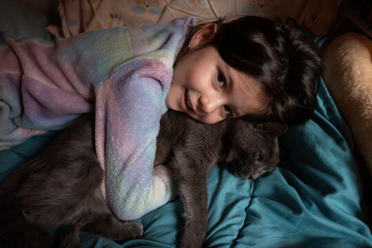 Child and Cat Together Cozy Bed