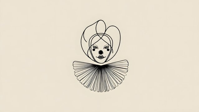 Minimalist line art illustration of a stylized clown figure with a ruffled collar and elaborate headpiece on a plain background.