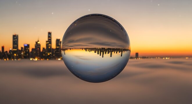 City skyline upside down in a crystal ball over foggy ground at dawn