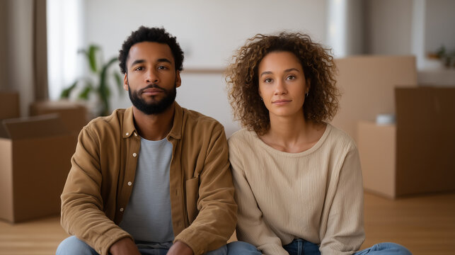 Exhausted young Black couple sits on unpacked boxes inside a house they cannot finish renovating, permit denial notice on the floor, paint cans unopened, renovation limbo, permit rejected, stalled h