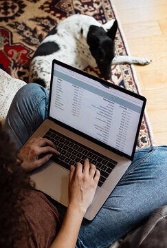 Woman Working on Laptop at Home with Dog Nearby
