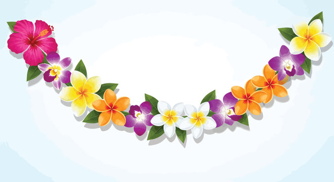 Vibrant tropical flower garland illustration, a colorful lei featuring exotic hibiscus, plumeria, and orchid blossoms. Perfect for summer, beach, and festive decorations