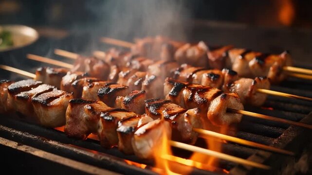 Grilled meat skewers cooking on barbecue grill with flames and smoke