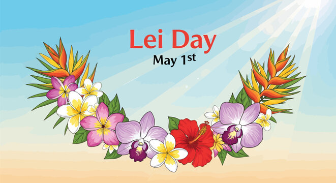Vibrant Lei Day Celebration with Exotic Tropical Flowers and Sunshine, Honoring Hawaiian Culture and Aloha Spirit on May 1st
