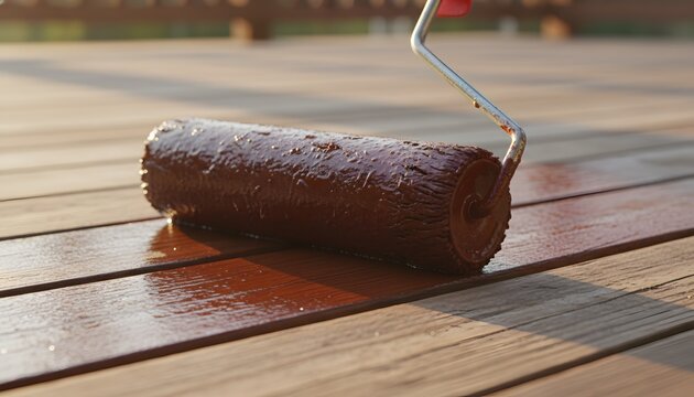 Deck staining with roller applying dark brown protective coating on outdoor wooden planks for home improvement concept, showcasing renovation and maintenance during sunset