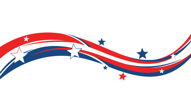 Patriotic American flag wave with stars, red white and blue flowing ribbon vector, fourth of July decorative border for holiday marketing