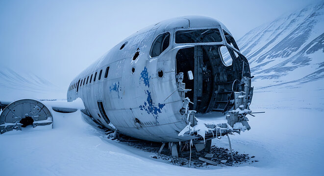 abandoned airplane wreckage its fuselage snow covered in a desolate arctic landscape depicts extreme weather and isolation