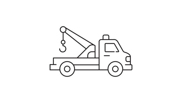 Tow Truck Minimalist Black Line Vector Icon on White Background. Heavy Utility Vehicle Illustration with Editable Stroke for Roadside Assistance, Recovery, and Automotive Transport Projects.