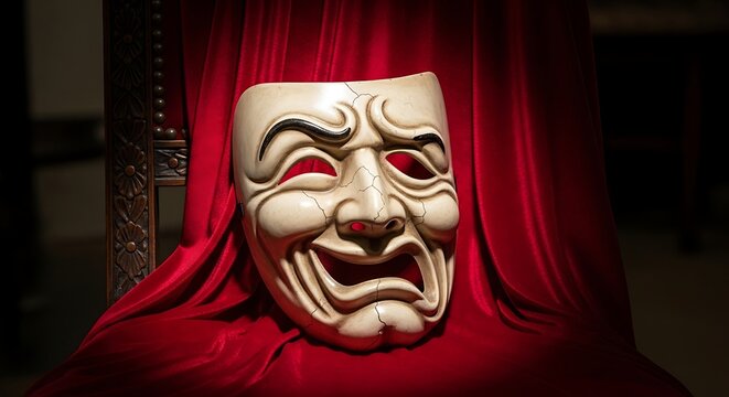 Classical tragedy mask on red velvet, a symbol of dramatic performance