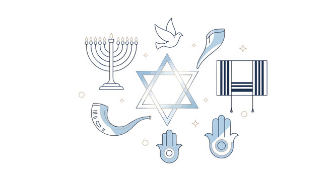 Jewish religious symbols collection, blue line art icons with Star of David and Menorah, Hanukkah and Passover holiday vector elements