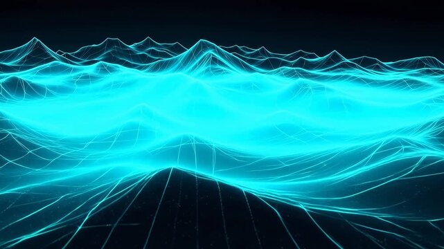 Blue glowing digital mountain landscape symbolizing ecological sustainability and green energy