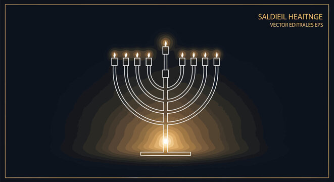 Glowing Hanukkah menorah with lit candles, elegant gold line art chanukiah on dark background, festive Jewish holiday vector illustration