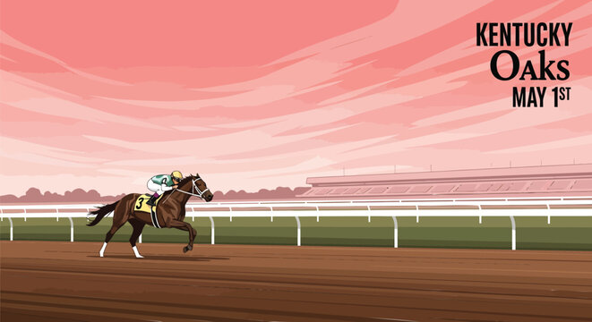 Kentucky Oaks horse racing vector illustration, thoroughbred racehorse with jockey on dirt track, pink sky sunset background for May 1st event