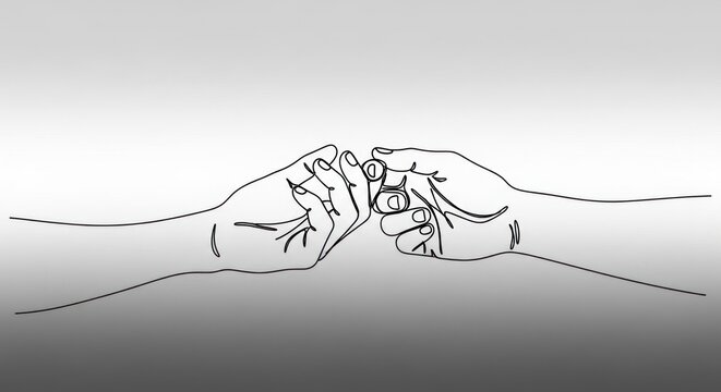 A minimalistic drawing featuring two hands, fingers interlocked, with a soft grey background