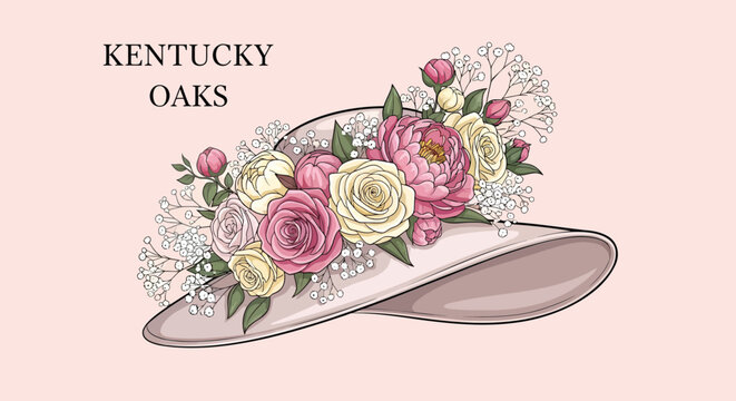 Kentucky Oaks elegant floral hat vector, pink wide brim fascinator with roses and peonies, horse racing fashion illustration for garden party
