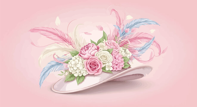 Vintage elegant woman hat with pink roses and feathers, romantic floral headwear illustration, pastel victorian style millinery vector for wedding
