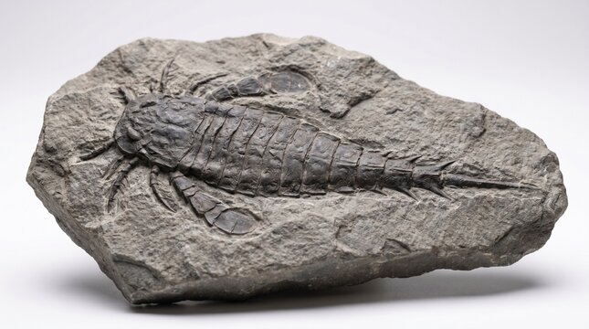 Eurypterid fossil with segmented body preserved in rock slab, macro detail. Isolated on White background