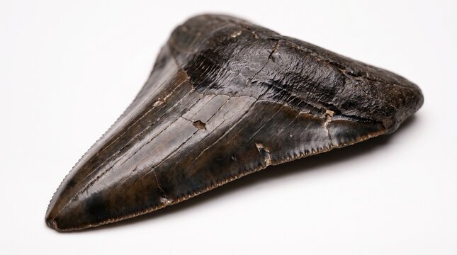 Megalodon tooth with sharp serrations and glossy enamel in ultra-detailed macro. Isolated on White background