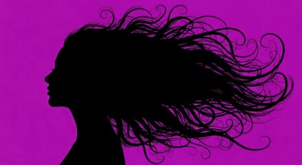 Naklejka premium A woman's silhouette in profile with long, flowing hair against a bright purple background