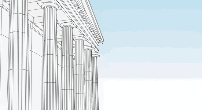 Classical Greek architecture columns vector, ancient Roman temple facade with marble pillars, courthouse or museum building exterior with blue sky background