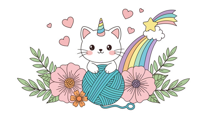 Cute cartoon cat unicorn, colorful floral illustration, yarn ball, rainbow, hearts