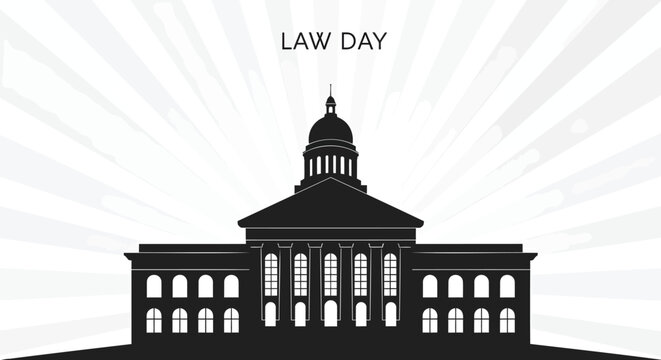 Law Day vector illustration with courthouse silhouette, government building icon on sunburst background, legal system and justice concept banner
