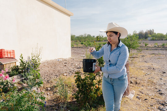 Woman with hat carrying bucket in rural area