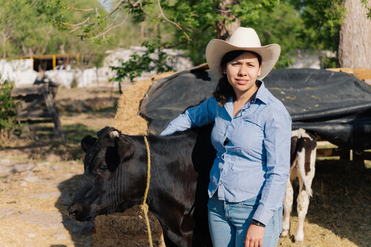 Young cowgirl posing next to a cow on a sunny farm.