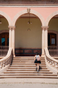 Woman climbing stone steps in a neoclassical building.