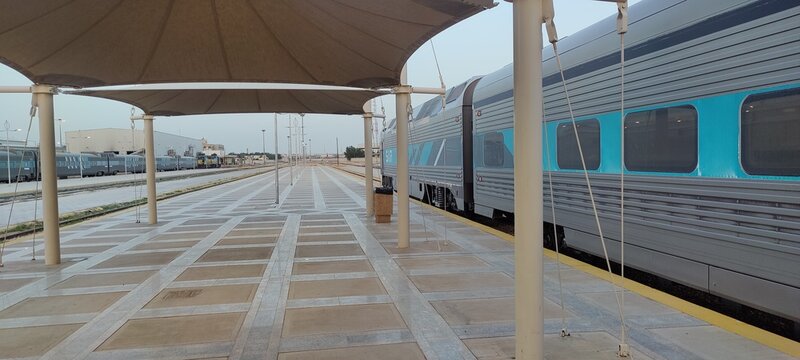 Riyadh&ndash;Dammam railway station in Al Malaz, Riyadh, captured on April 18, 2026. Modern transport hub with rail infrastructure, platforms, and urban surroundings in Saudi Arabia