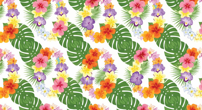 Tropical seamless pattern with hibiscus and monstera leaves, exotic floral background vector, summer botanical wallpaper for textile and fabric design