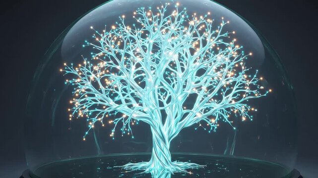 Glowing tree in glass dome emphasizing natural beauty and tranquility