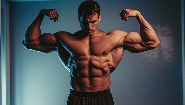 A muscular man flexing his arms and showing off his physique in a dramatic pose