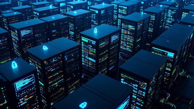 Rows of illuminated server racks in a data center emphasizing health, wellness, and vitality