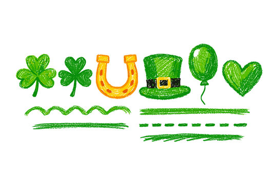 Childlike Crayon-Sketched St. Patrick's Day Clip Art Bundle: Emerald Shamrocks, Lucky Clovers, Gold Horseshoes, Leprechaun Caps, Festive Balloons, Hearts, and Scalloped Ribbon Borders on White