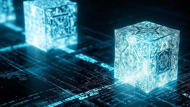 Digital cubes with circuit patterns ideal for cinematic storytelling and documentaries