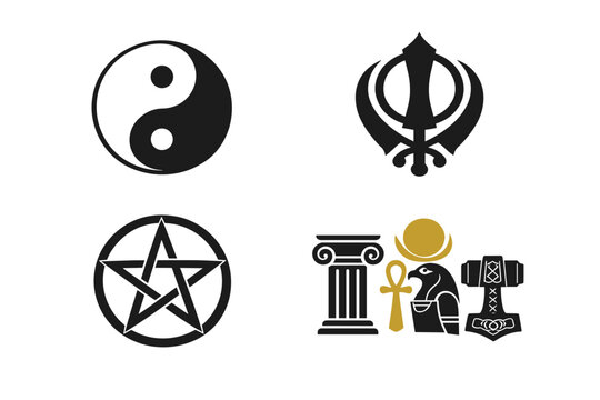 Sacred Emblems Icon Pack Spanning Taoist Yin-Yang, Sikh Khanda, Pagan Pentacle, and Polytheistic Relics Including Ankh, Eye of Horus, Mjolnir, and Greek Pillar &mdash; World Faith Symbols Flat Vector Set
