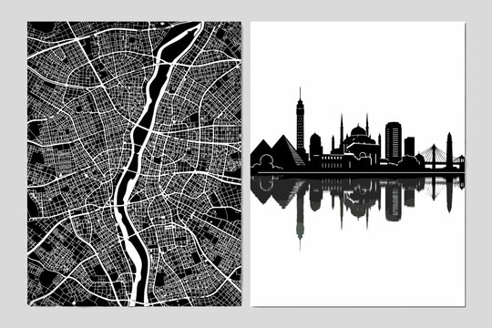 Set of Travel Posters for Cairo Egypt Featuring a Detailed Black and White Street Map with the Nile River and a Minimalist City Skyline Silhouette with Pyramids and Landmarks Vector Illustration
